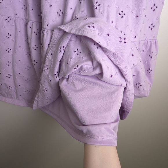 LOFT Eyelet Embroidered Puff Sleeve Button Tiered Purple Swing Dress M - Picture 8 of 10